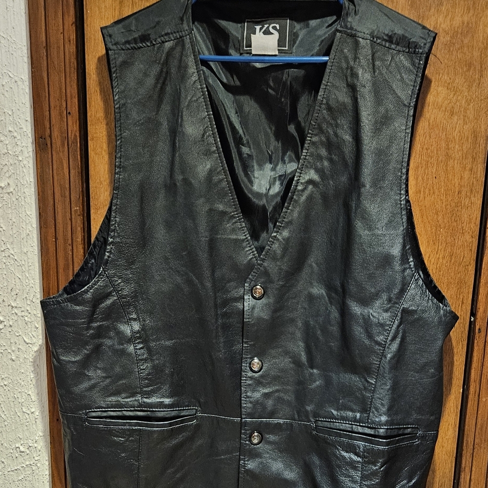 KS Genuine Leather Black Vest Mens Size 2XL Big And Tall Biker/Motorcycle Jacket